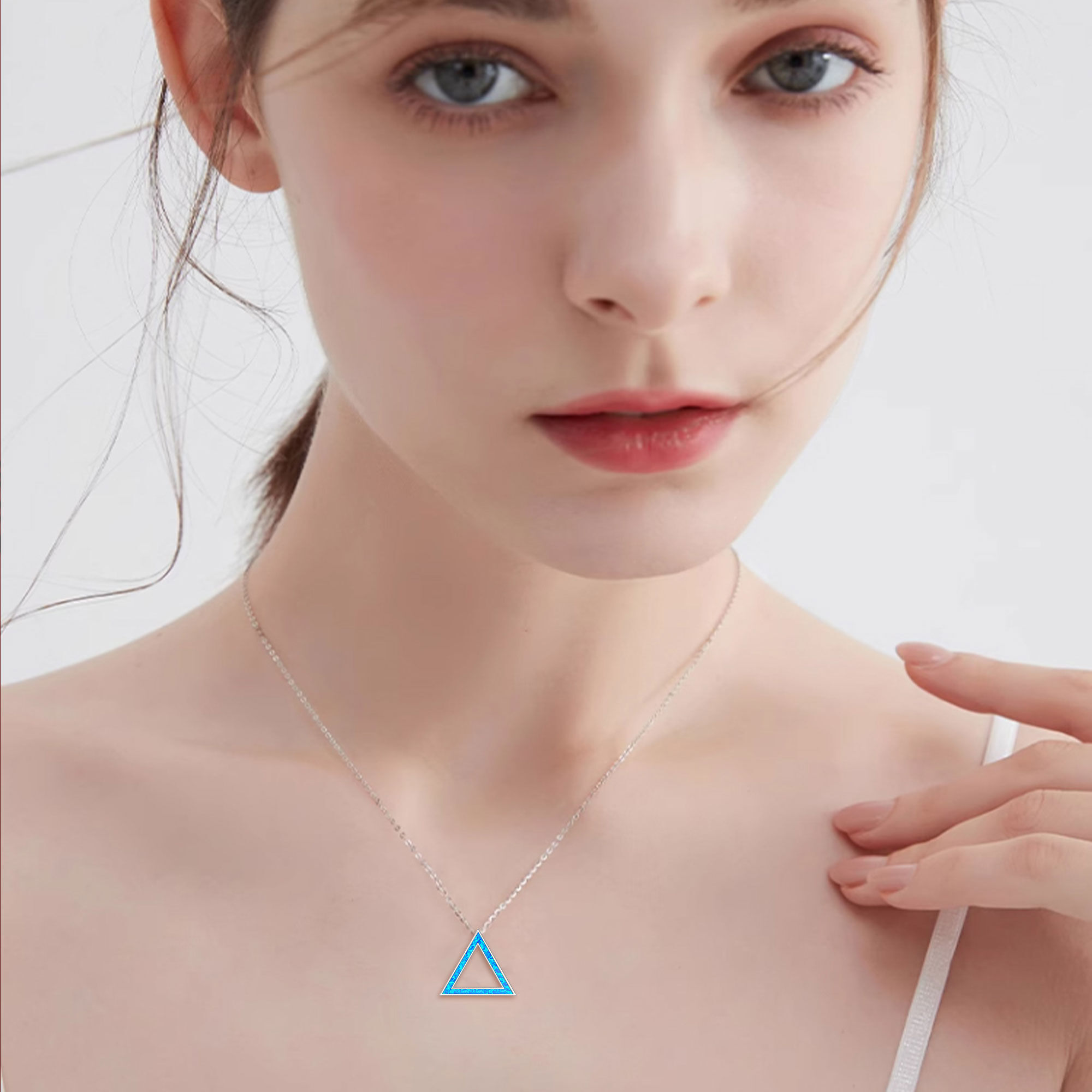 925 Sterling Silver Triangle Necklace with Synthetic Opal
